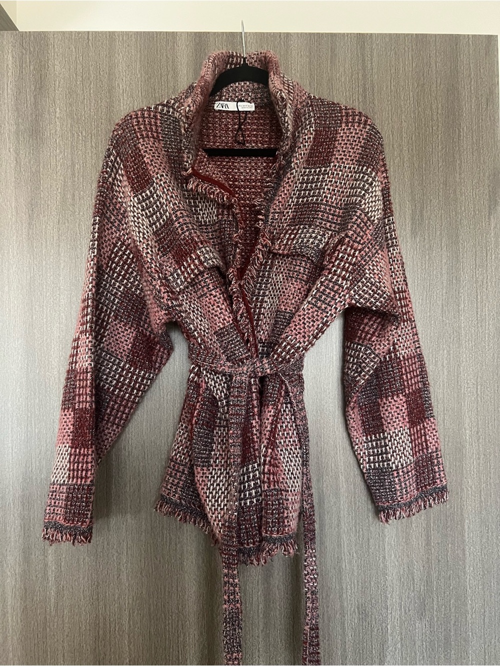 Zara Pink & Burgundy Plaid Knit Tie-Waist Cardigan